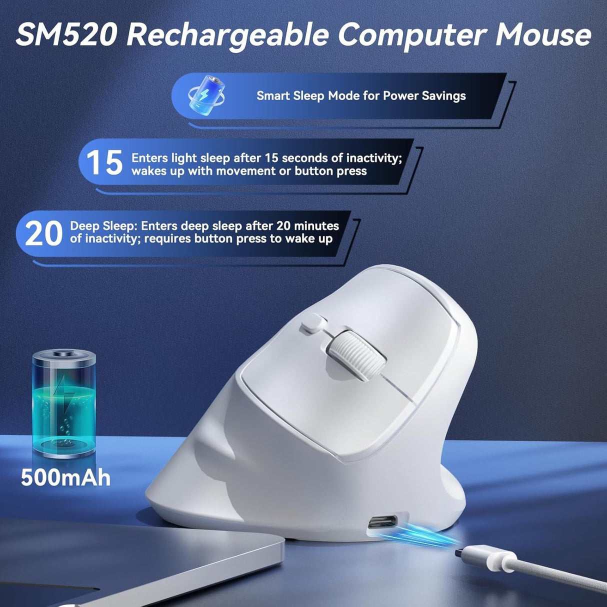 SOLAKAKA SM520 Tri-Mode Vertical Ergonomic Mouse, 24000 DPI Programmable Wireless Vertical Mouse，white