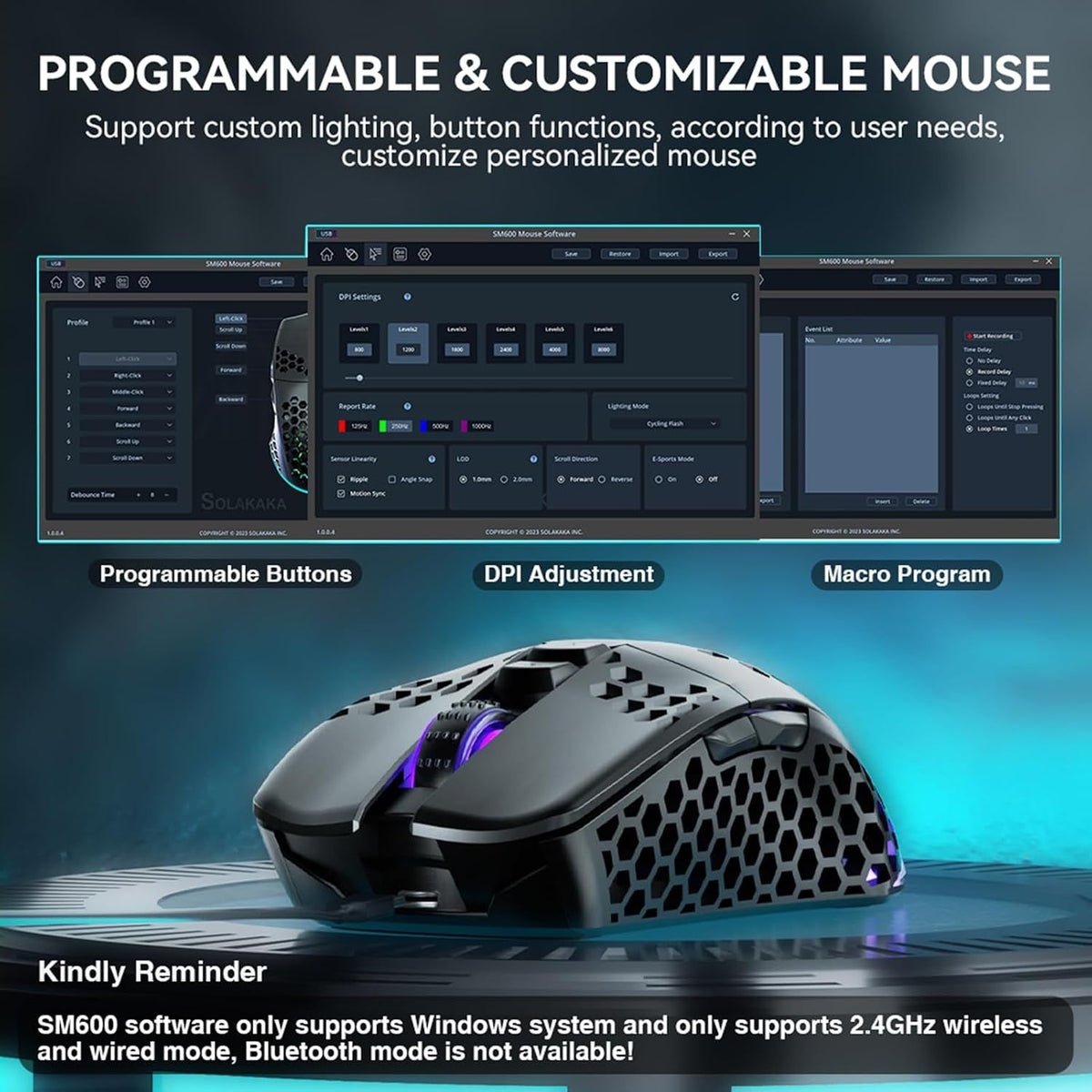 SOLAKAKA SM600 Honeycomb Shell Gaming Mouse Wireless,black
