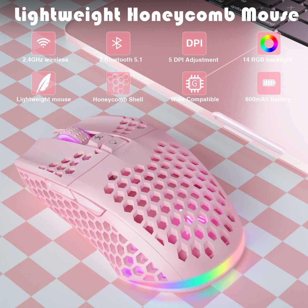 SOLAKAKA SM600 Honeycomb Shell Gaming Mouse Wireless,pink