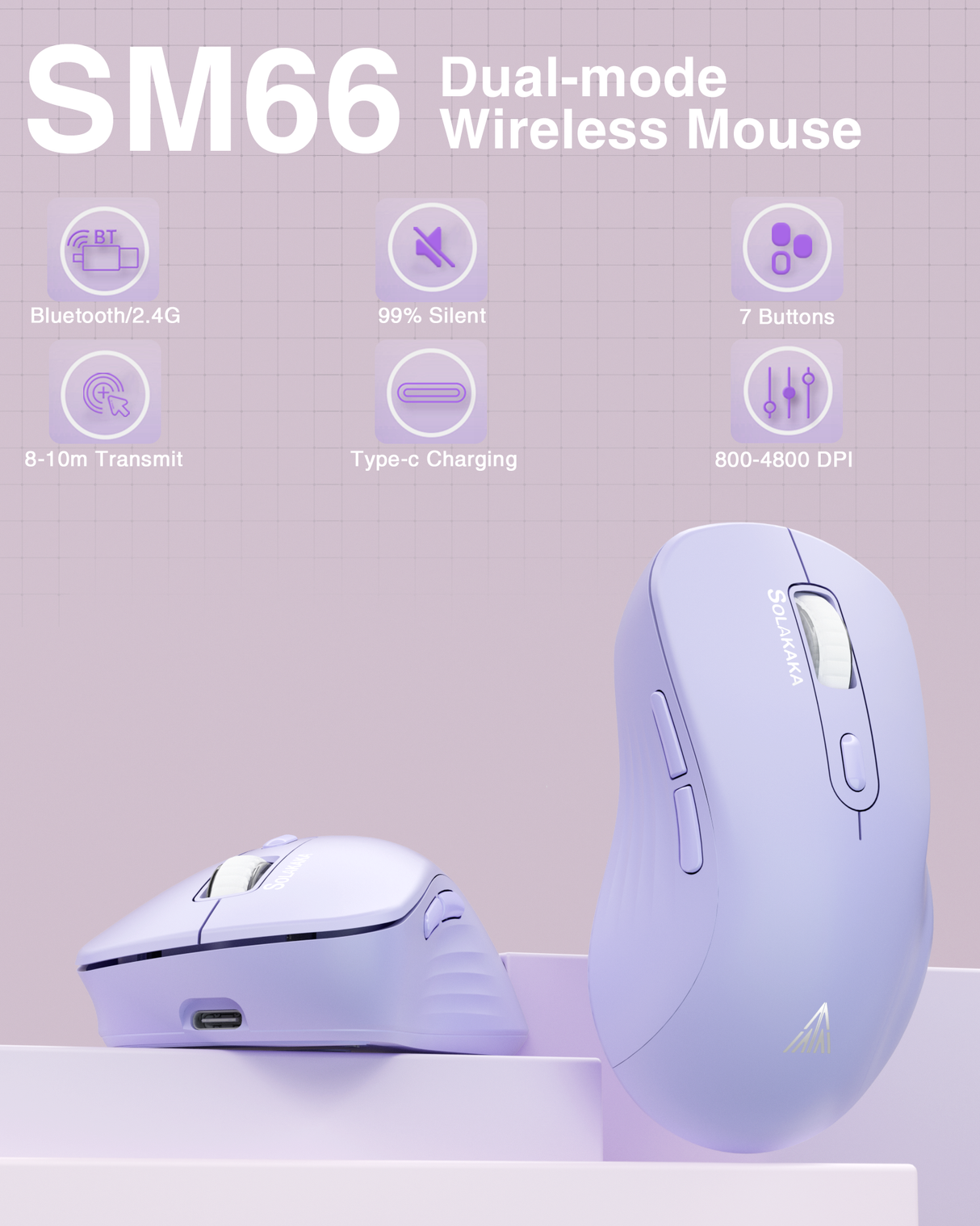 SM66 Dual Mode Wireless Gaming Mouse, Rechargeable RGB Ergonomic Mice with Adjustable DPI ,purple