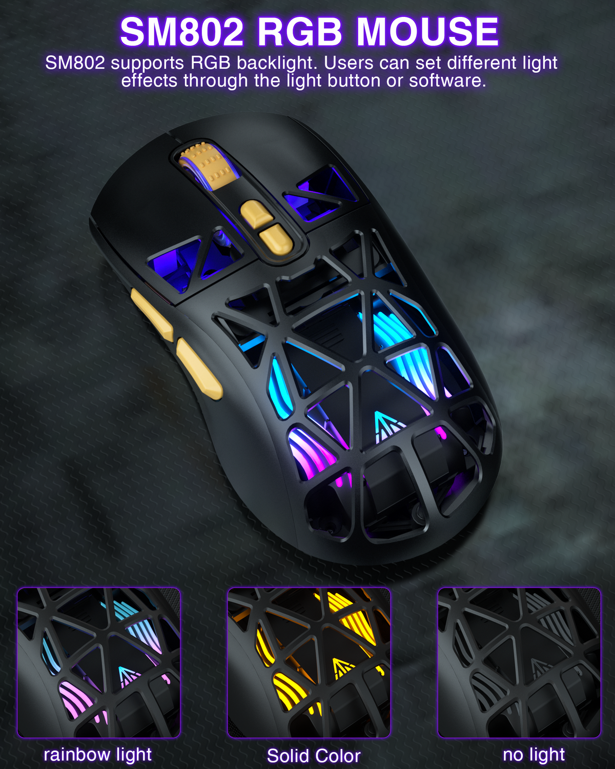 SM802 Tri‑Mode Gaming Mouse, Adjustable DPI, RGB Backlight, Ergonomic Wireless Mouse,black