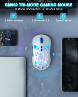 SM802 Tri‑Mode Gaming Mouse, Adjustable DPI, RGB Backlight, Ergonomic Wireless Mouse,white - Side View