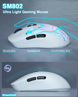 SM802 Tri‑Mode Gaming Mouse, Adjustable DPI, RGB Backlight, Ergonomic Wireless Mouse,white - Low Angle