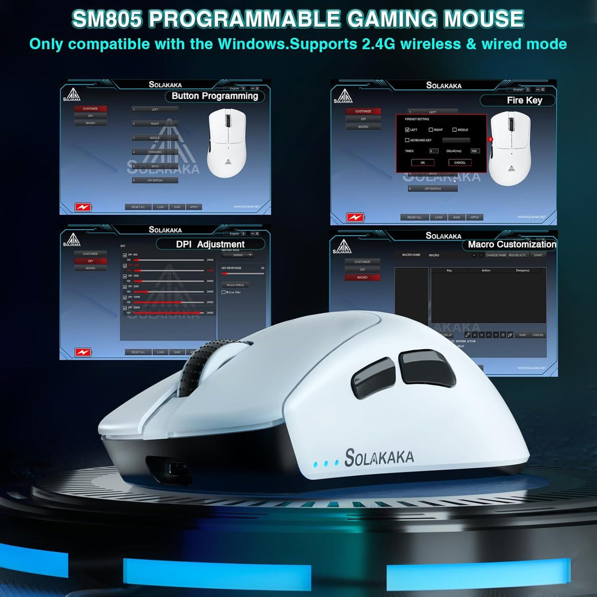 SOLAKAKA SM805 Tri-Mode Lightweight Wireless Gaming Mouse, 24000 DPI with Two Side Buttons，white