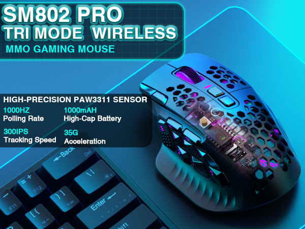 SM809pro Tri-Mode  Wireless Gaming Mouse, Adjustable DPI RGB Backlight,black