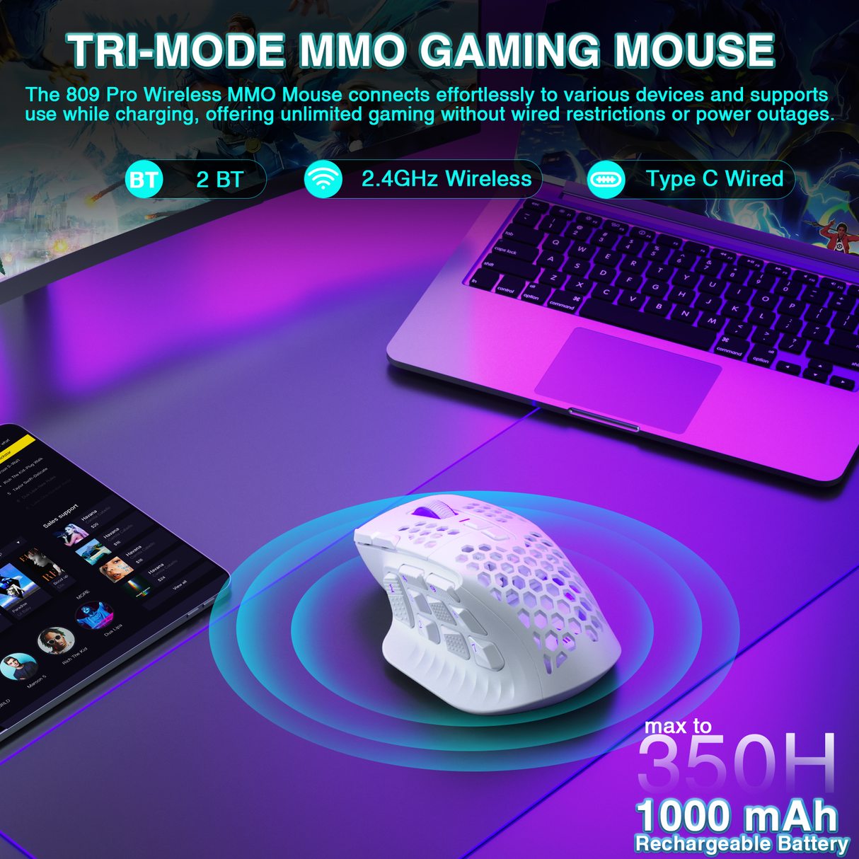 SM809pro Tri-Mode  Wireless Gaming Mouse, Adjustable DPI RGB Backlight,white