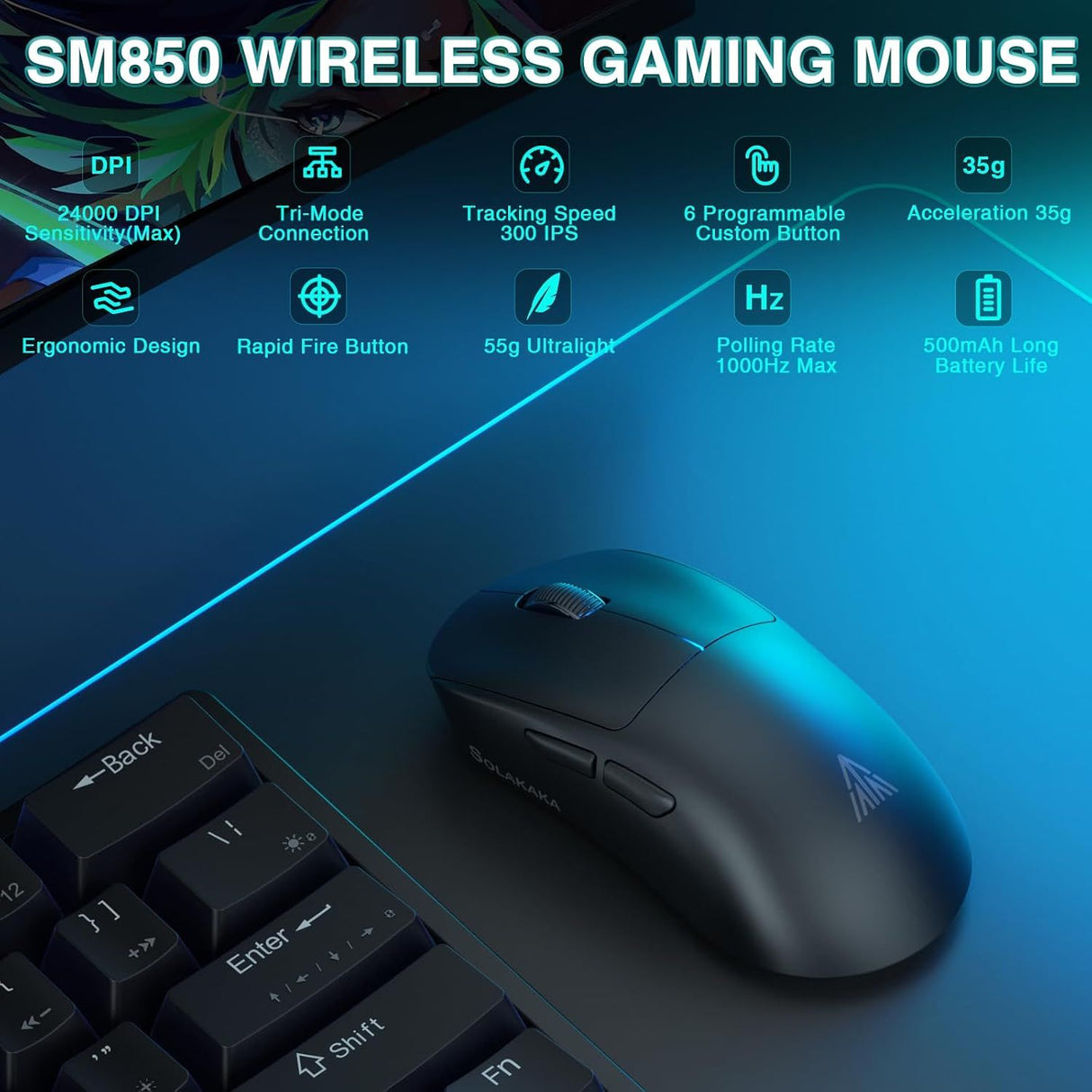 SOLAKAKA SM850 Ergonomic Tri-Mode Wireless RGB Gaming Mouse，black