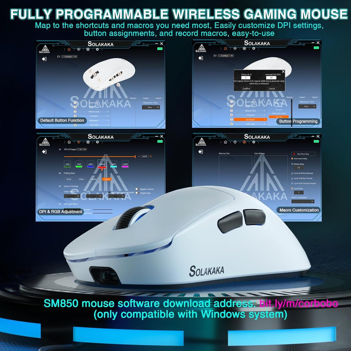 SOLAKAKA SM850 Ergonomic Tri-Mode Wireless RGB Gaming Mouse，white