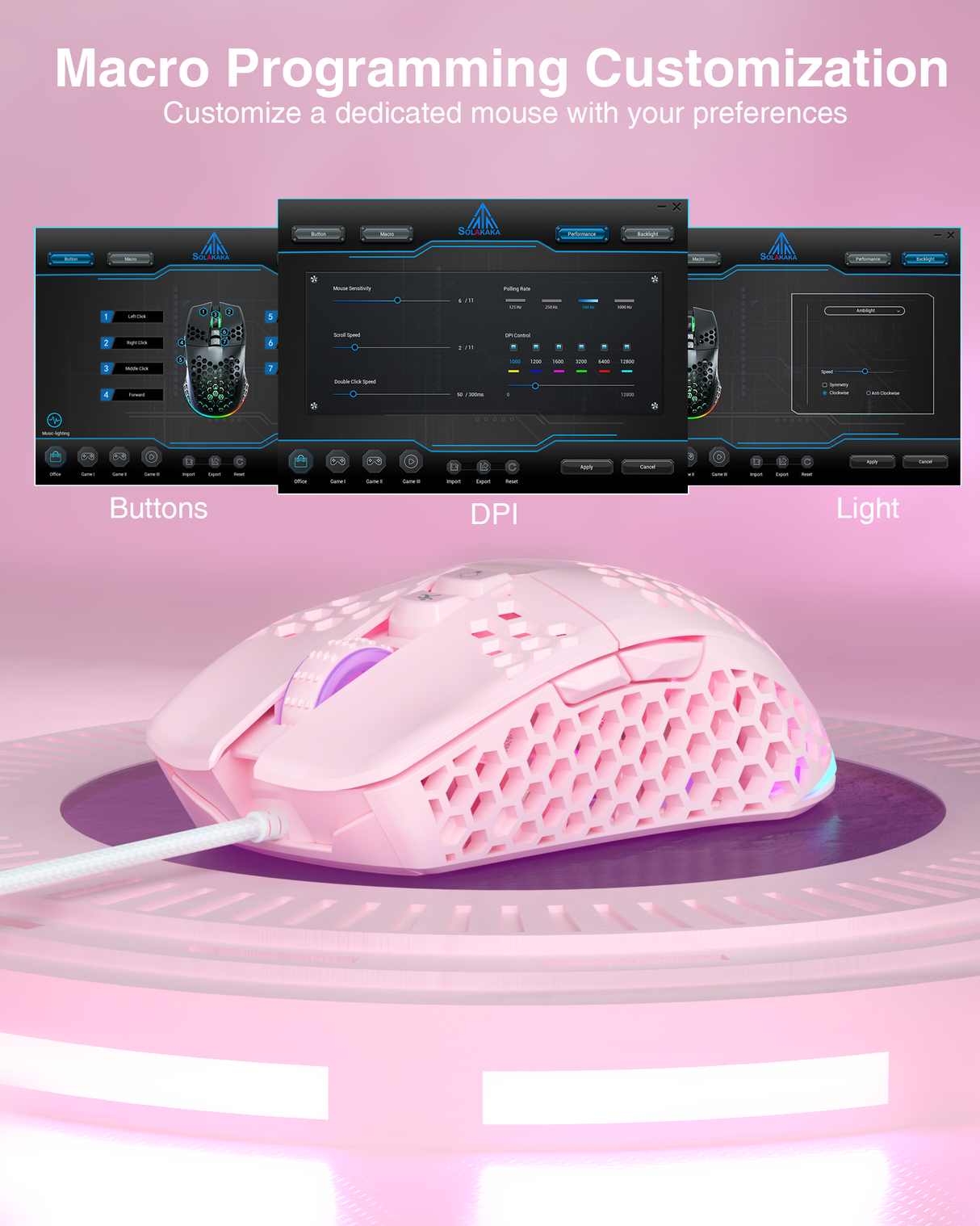 SOLAKAKA SM900 Wired Gaming Mouse with Honeycomb Shell，pink