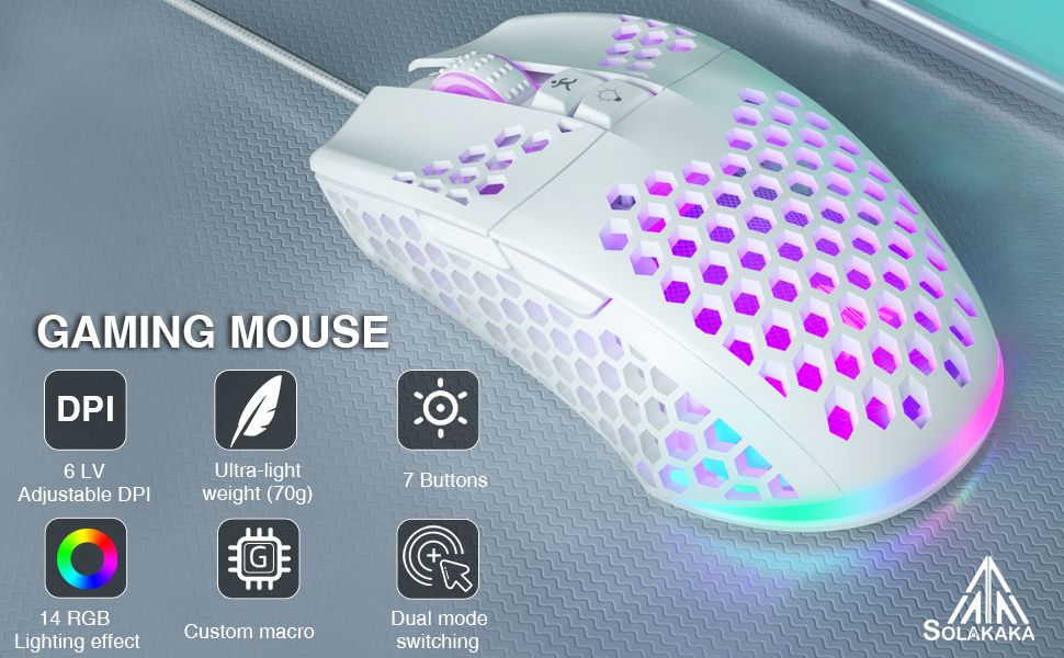 SOLAKAKA SM900 Wired Gaming Mouse with Honeycomb Shell，white