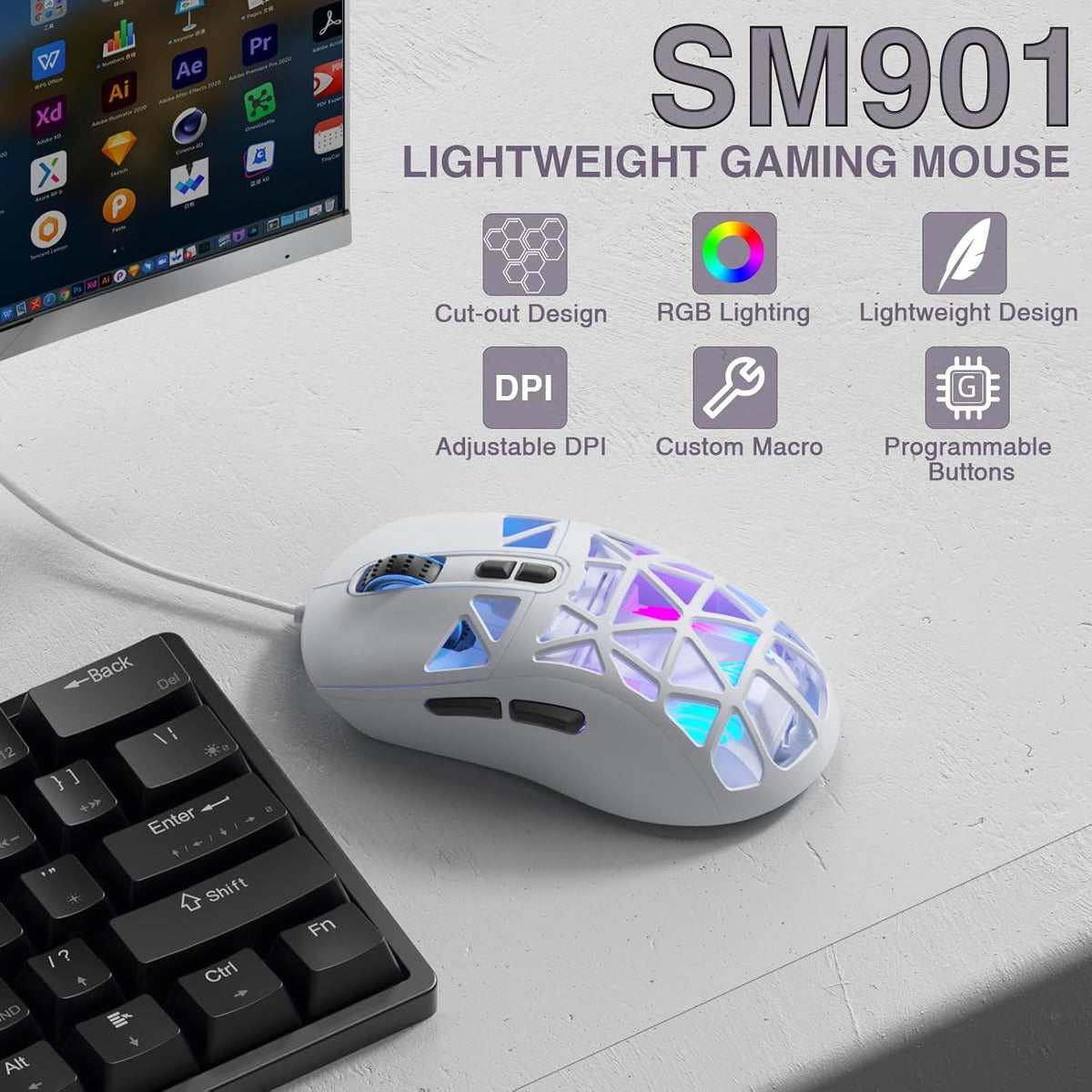 SOLAKAKA SM901 Gaming Mouse,13800DPI RGB Mouse with Programmable Buttons,53g Lightweight Wired Mouses for Gamer,white