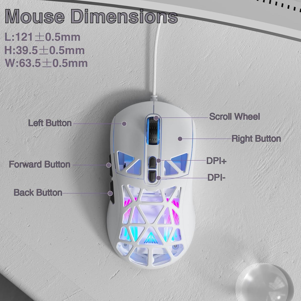 SOLAKAKA SM901 Gaming Mouse,13800DPI RGB Mouse with Programmable Buttons,53g Lightweight Wired Mouses for Gamer,white