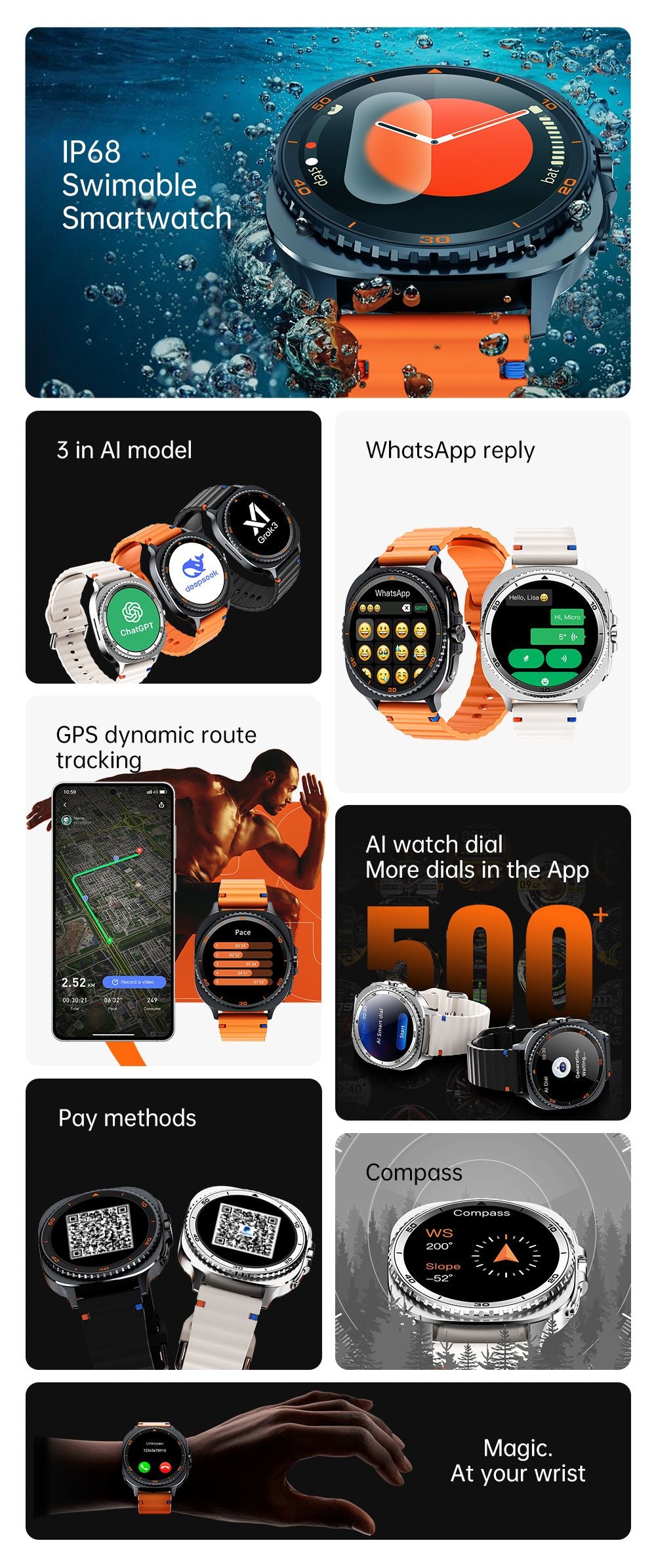 Watch8Classic-MA33 Fitness Smartwatch Bluetooth Call Waterproof Health Tracker for iPhone Android,Orange