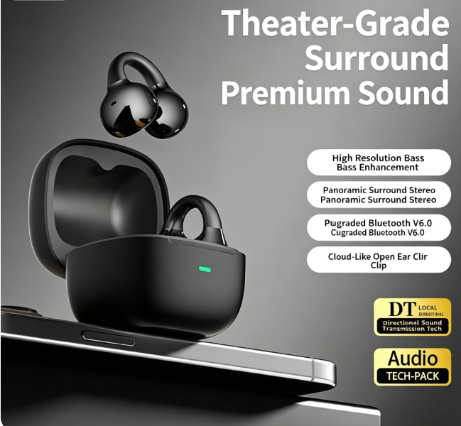 Y63 Zero Pressure Open Ear Wireless Earbuds Bluetooth 6.0 Heavy Bass Headphones，black