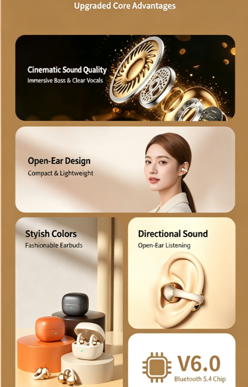 Y63 Zero Pressure Open Ear Wireless Earbuds Bluetooth 6.0 Heavy Bass Headphones，black