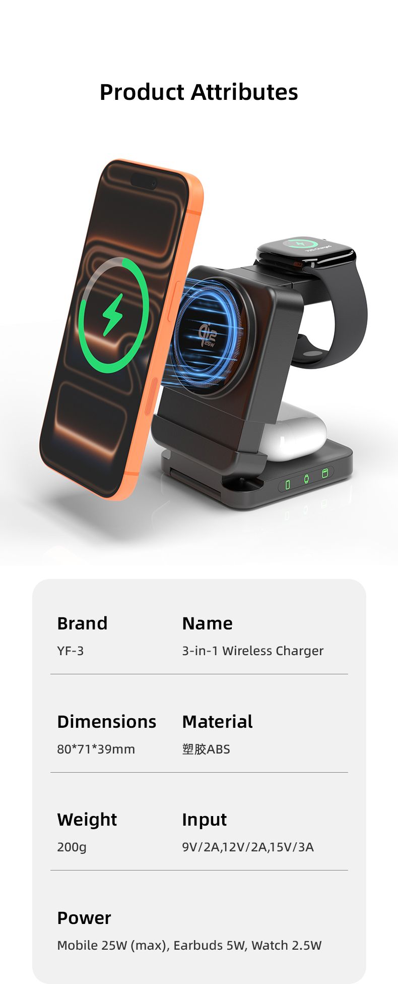 YF3 25W Foldable Rotatable Wireless Charger 3 in 1 Multi Device Charging Dock，white