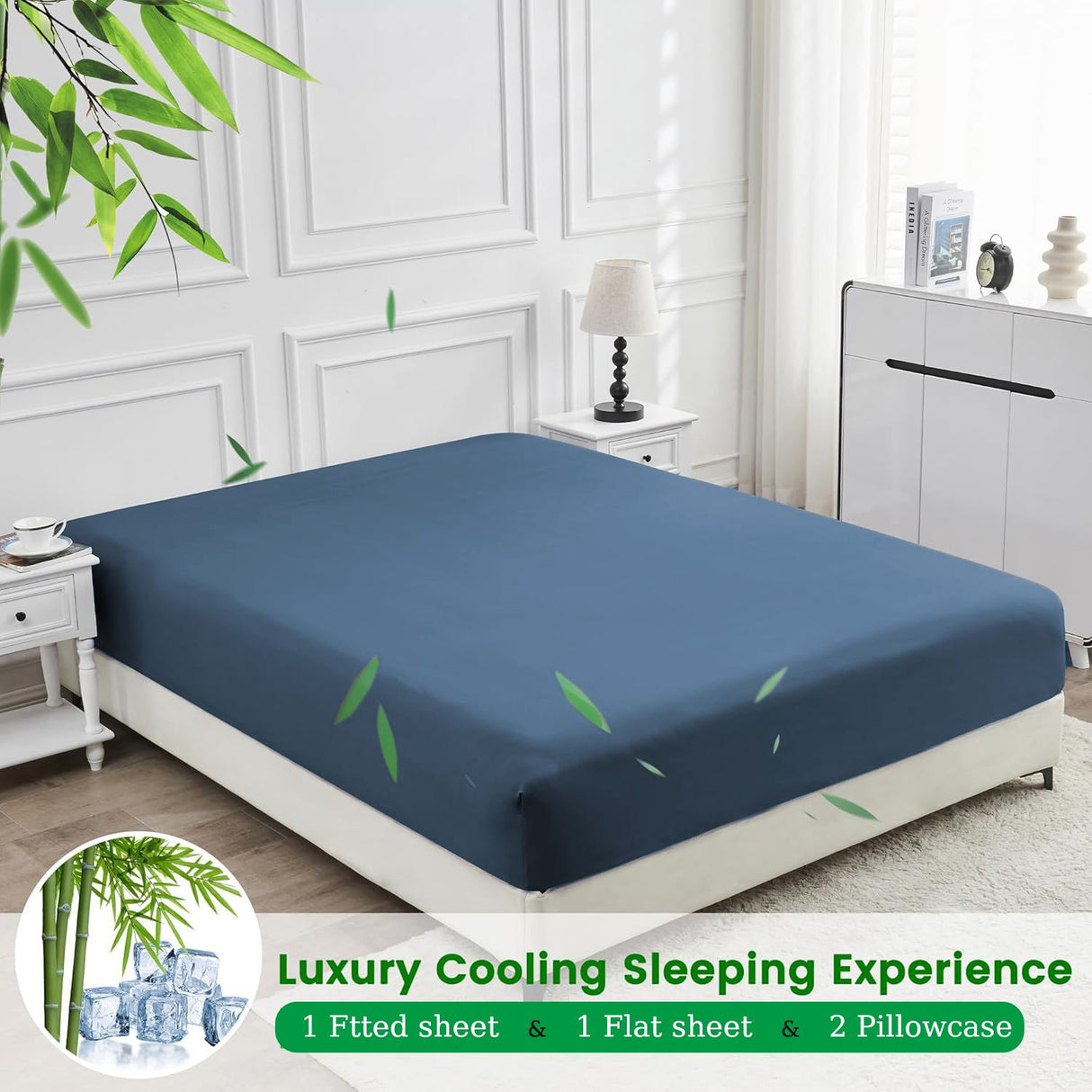 4 Piece Ultra Soft Bamboo Breathable Sheet Set -Hotel 2000TC Breathable Bed Sheets Set with 37 Centimetre Deep Pocket-Breathable Sheets for Hot Sleepers(Navy,Double)