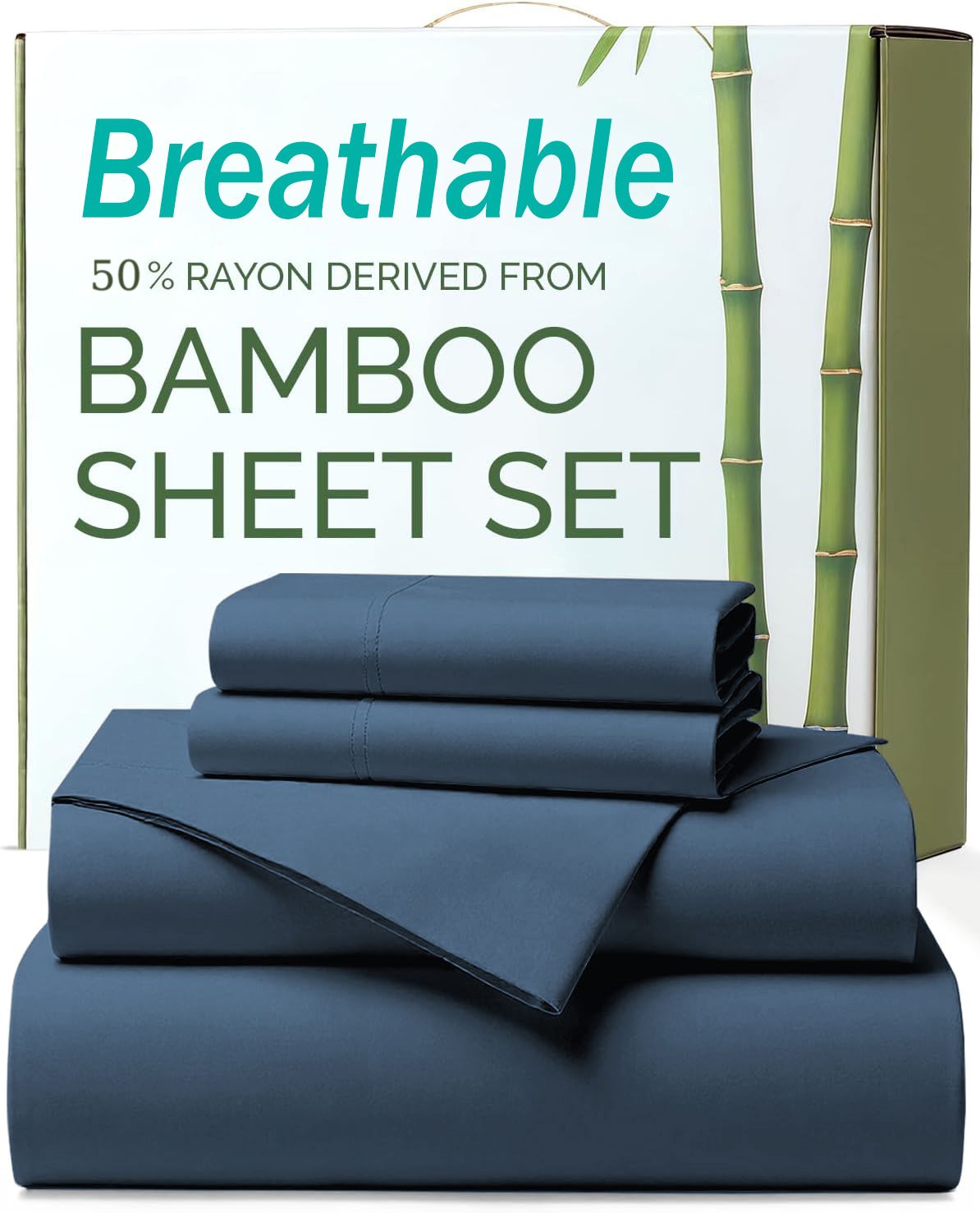 4 Piece Ultra Soft Bamboo Breathable Sheet Set -Hotel 2000TC Breathable Bed Sheets Set with 37 Centimetre Deep Pocket-Breathable Sheets for Hot Sleepers(Navy,Queen)