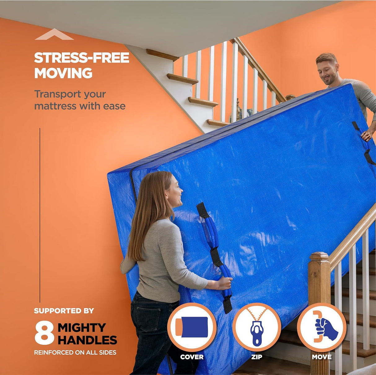 Waterproof Mattress Bag Mattresses Protector Plastic Moving Storage Dust Cover Carry Bed Zipper Packing Reusable Disposal, Extra Thick Heavy Duty, with 8 Handles(Single)
