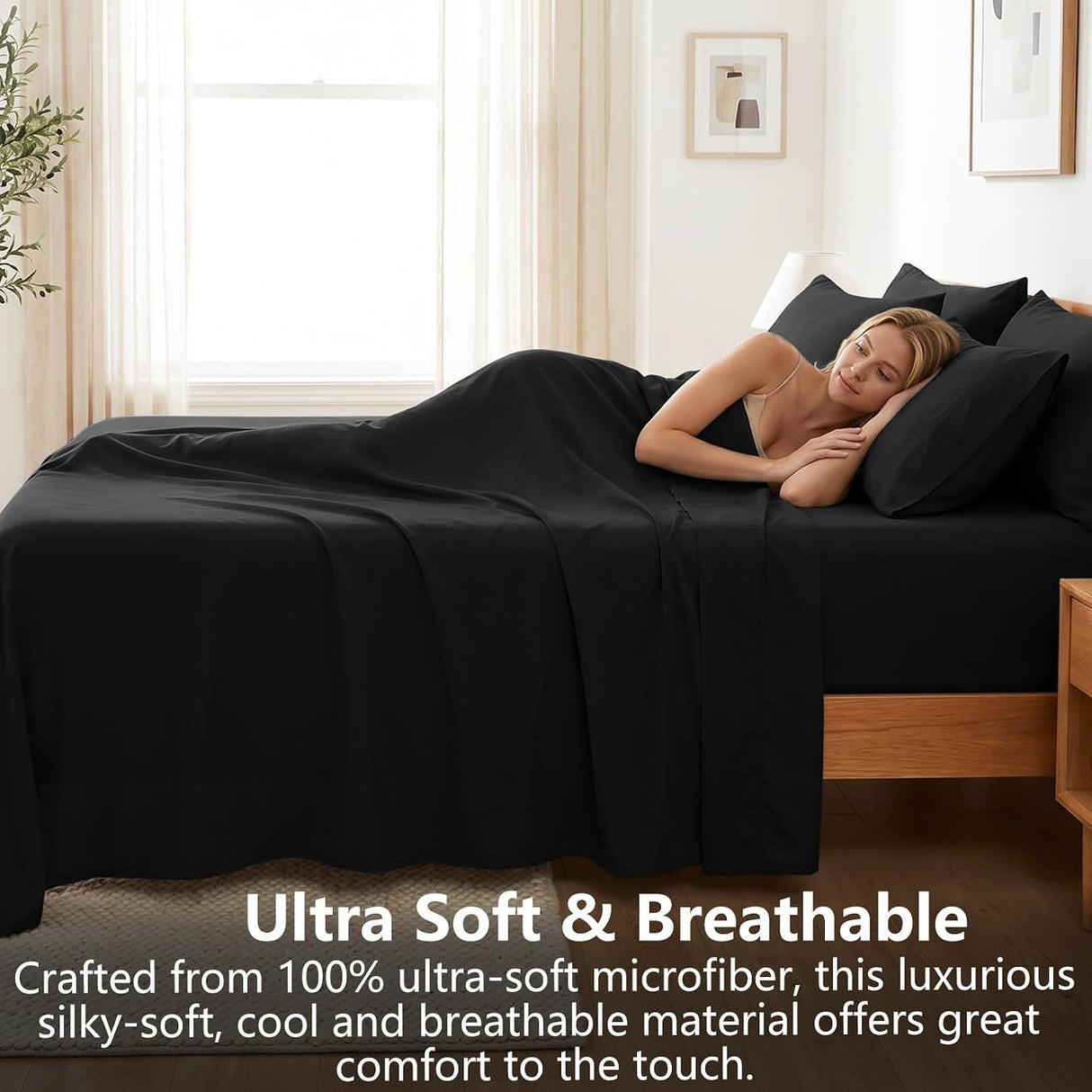 Hotel Soft Bed Sheet Set- Bedding Sheets & Pillowcases -Breathable Bedding - Wrinkle, Fade, Stain Resistant-Deep Pocket Flat Fitted Bed Sheet Set(Black,King)