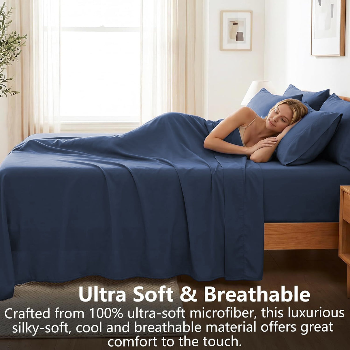 Hotel Soft Bed Sheet Set- Bedding Sheets & Pillowcases -Breathable Bedding - Wrinkle, Fade, Stain Resistant-Deep Pocket Flat Fitted Bed Sheet Set(Navy,King)