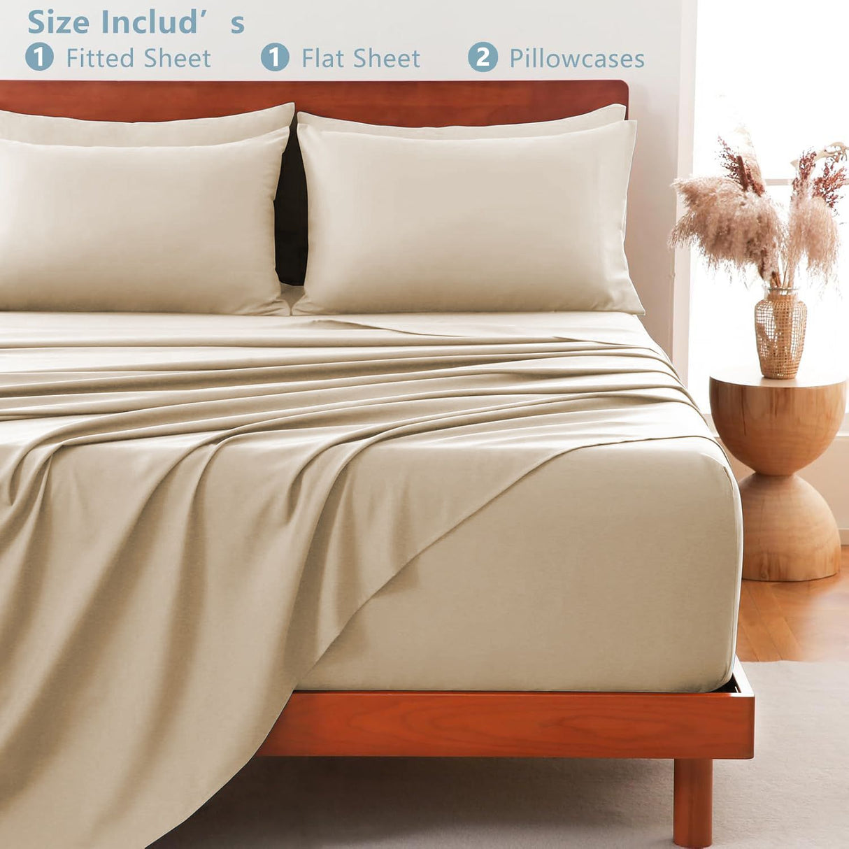 Hotel Soft Bed Sheet Set- Bedding Sheets & Pillowcases -Breathable Bedding - Wrinkle, Fade, Stain Resistant-Deep Pocket Flat Fitted Bed Sheet Set(Camel Beige,King)