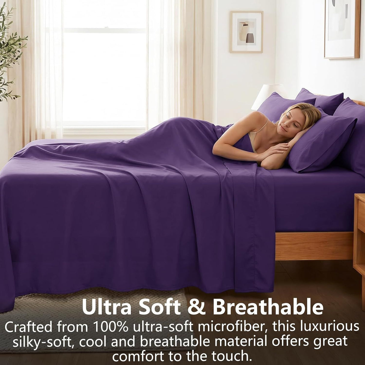 Hotel Soft Bed Sheet Set- Bedding Sheets & Pillowcases -Breathable Bedding - Wrinkle, Fade, Stain Resistant-Deep Pocket Flat Fitted Bed Sheet Set(Purple,King)