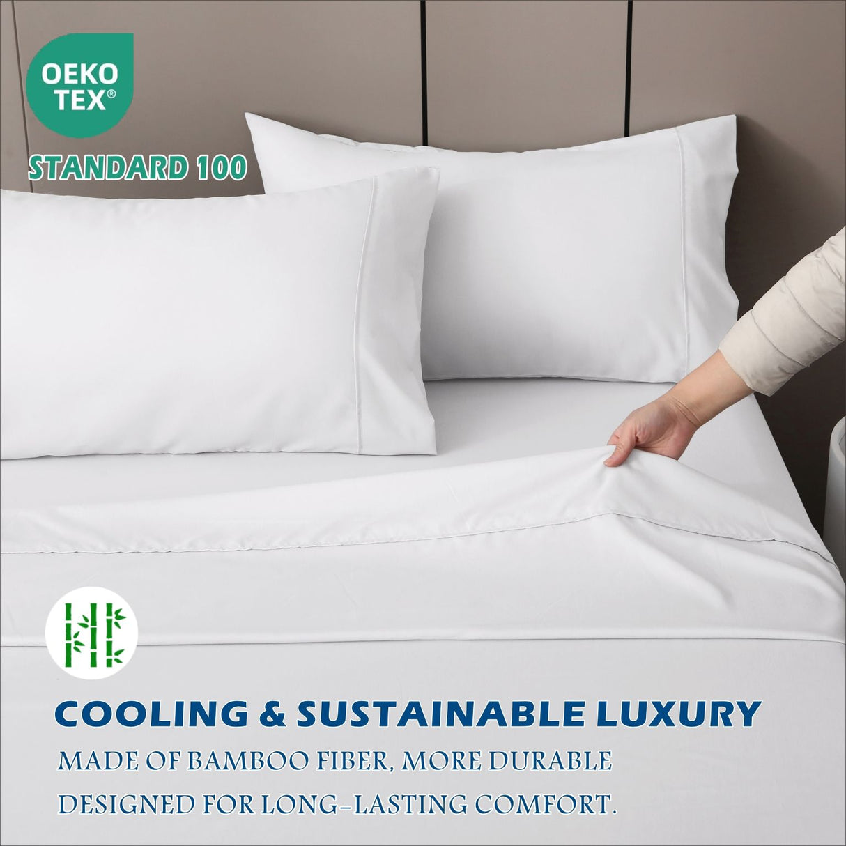 4 Piece Hotel Bamboo Cooling Sheet Set -Ultra Soft 2000TC Breathable Bed Sheets Set with 37 Centimetre Deep Pocket-Cooling Sheets for Hot Sleepers(White,Queen)