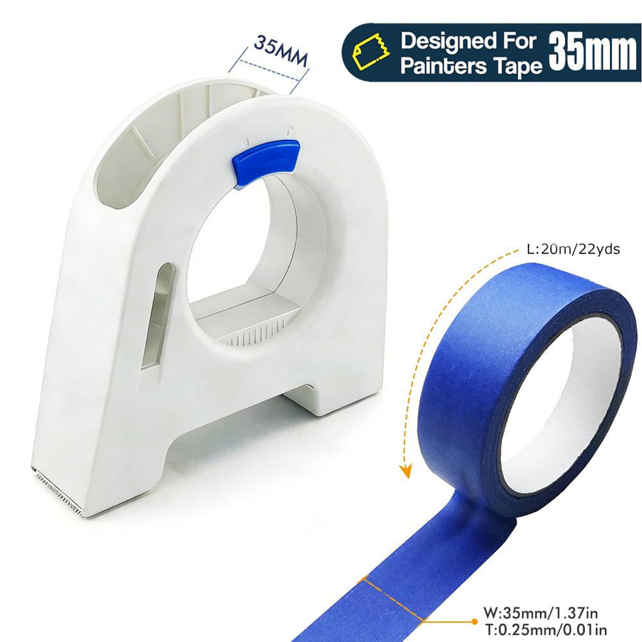 Masking Tape Dispenser with Serrated Metal Cutting Edge Ergonomic Arch Design for Painting Edging, Tile Grouting, Wall Trim and DIY Surface Protection (White Dispenser(35mm))