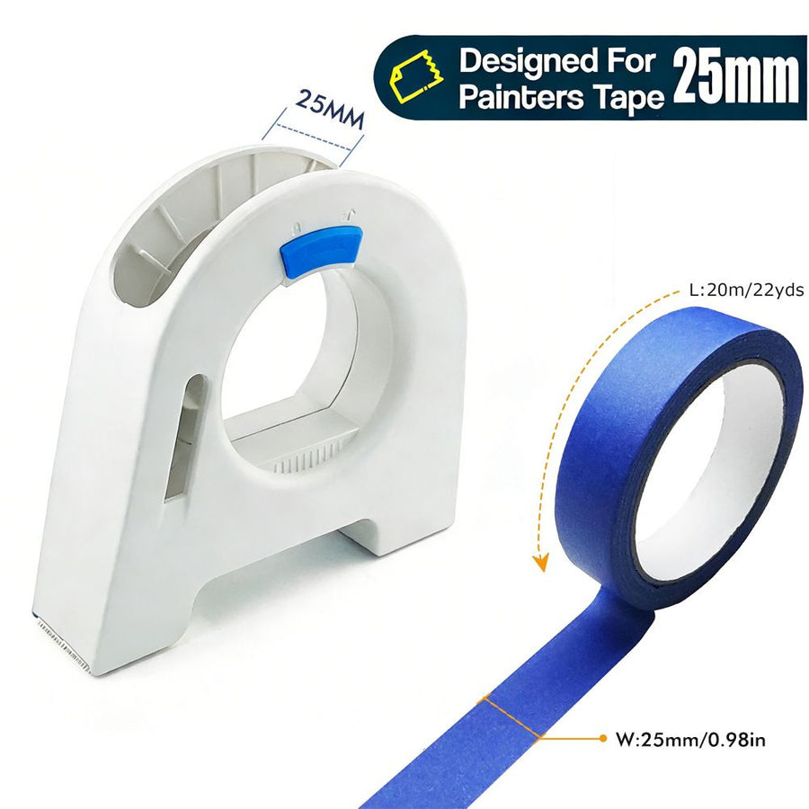 Masking Tape Dispenser with Serrated Metal Cutting Edge Ergonomic Arch Design for Painting Edging, Tile Grouting, Wall Trim and DIY Surface Protection (White Dispenser(35mm))