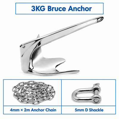 Marine Bruce Anchor in 316 Stainless Steel for Yachts and Boats, Secure Mooring and Stable Holding in Various Seabeds, Corrosion Resistant Dock Hardware (3kg Bruce Anchor Set)