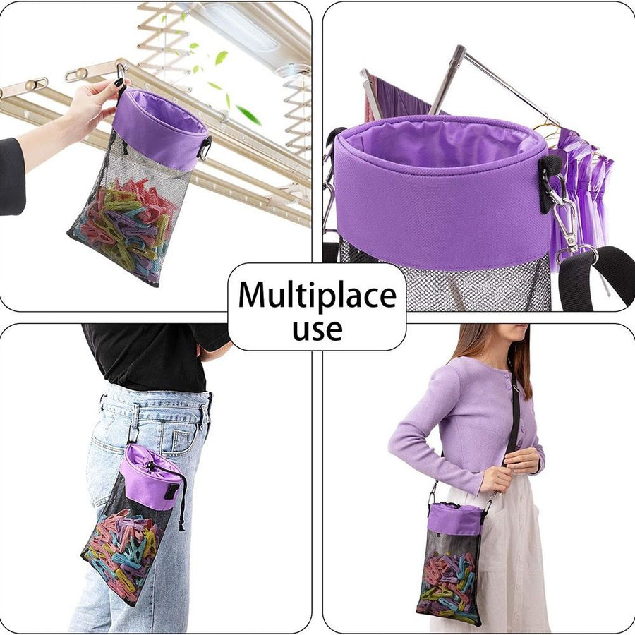 Hanging Clothespin Storage Bag with Drawstring Closure, Quick-Dry Mesh Organizer for Laundry Room, Adjustable Strap for Line Drying, Portable Clip Holder for Home, Dorm, and Travel Use (Black)