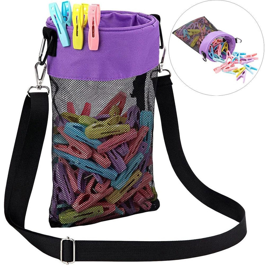Hanging Clothespin Storage Bag with Drawstring Closure, Quick-Dry Mesh Organizer for Laundry Room, Adjustable Strap for Line Drying, Portable Clip Holder for Home, Dorm, and Travel Use (Black)