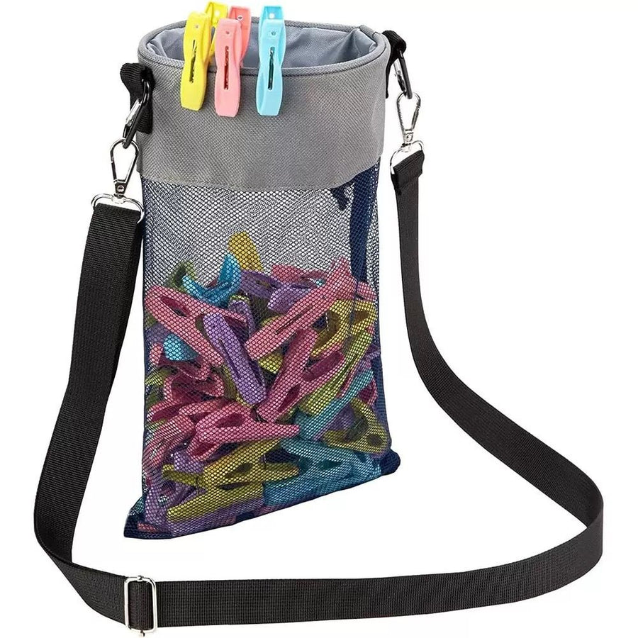 Hanging Clothespin Storage Bag with Drawstring Closure, Quick-Dry Mesh Organizer for Laundry Room, Adjustable Strap for Line Drying, Portable Clip Holder for Home, Dorm, and Travel Use (Black)