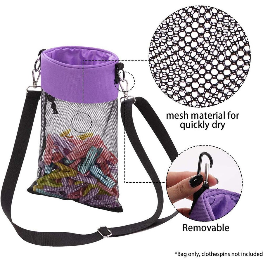 Hanging Clothespin Storage Bag with Drawstring Closure, Quick-Dry Mesh Organizer for Laundry Room, Adjustable Strap for Line Drying, Portable Clip Holder for Home, Dorm, and Travel Use (Grey)