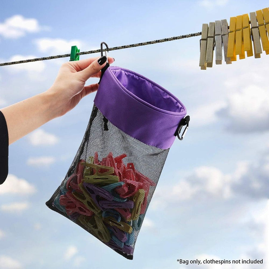 Hanging Clothespin Storage Bag with Drawstring Closure, Quick-Dry Mesh Organizer for Laundry Room, Adjustable Strap for Line Drying, Portable Clip Holder for Home, Dorm, and Travel Use (Grey)