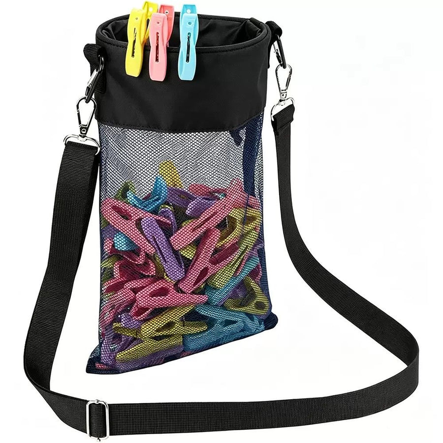 Hanging Clothespin Storage Bag with Drawstring Closure, Quick-Dry Mesh Organizer for Laundry Room, Adjustable Strap for Line Drying, Portable Clip Holder for Home, Dorm, and Travel Use (Grey)