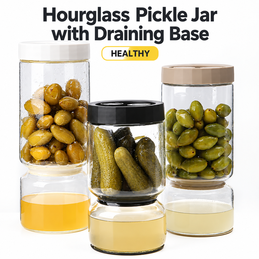 Borosilicate Glass Pickle Jar with Strainer and Leak-Proof Lid, Hourglass Fermentation Container for Home Kitchen Storage of Pickled Cucumbers and Olives (Black, 9.5*18.5cm（930ml）)