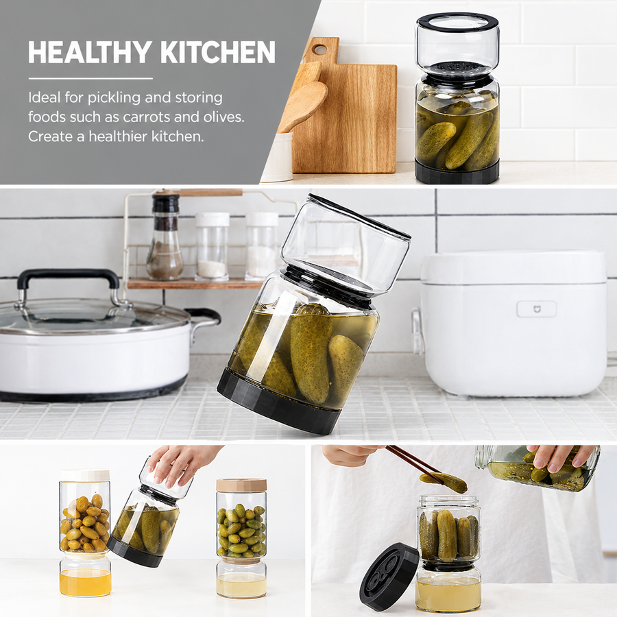 Borosilicate Glass Pickle Jar with Strainer and Leak-Proof Lid, Hourglass Fermentation Container for Home Kitchen Storage of Pickled Cucumbers and Olives (Black, 9.5*18.5cm（930ml）)