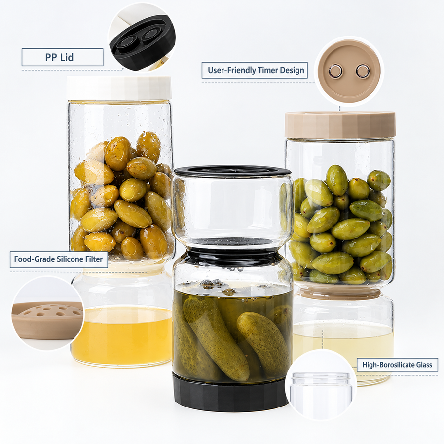 Borosilicate Glass Pickle Jar with Strainer and Leak-Proof Lid, Hourglass Fermentation Container for Home Kitchen Storage of Pickled Cucumbers and Olives (Grey, 9.5*21cm（1140ml）)