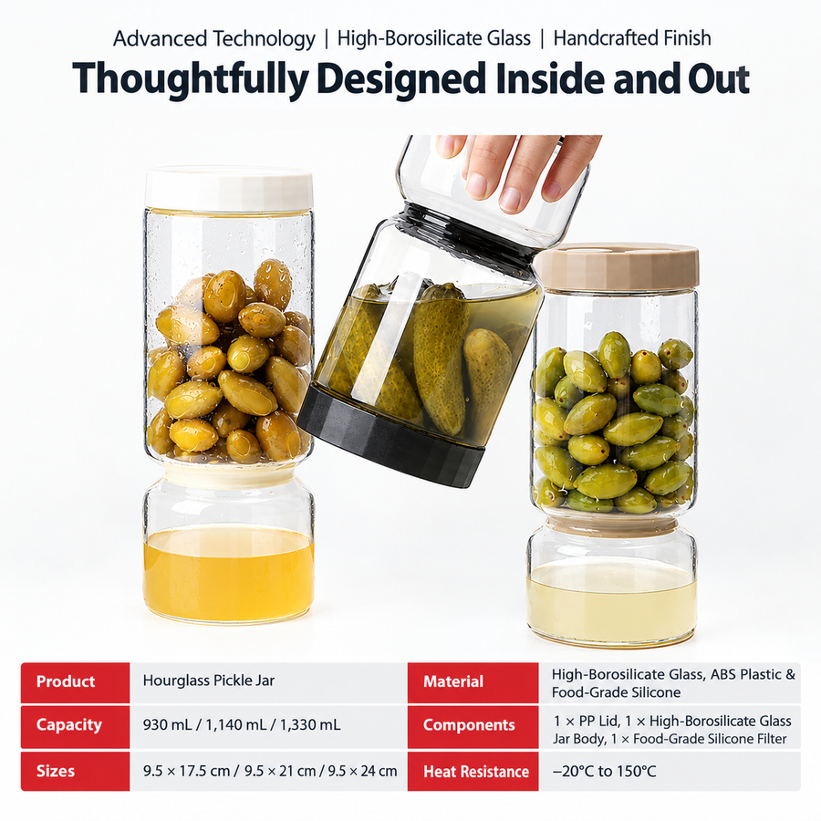 Borosilicate Glass Pickle Jar with Strainer and Leak-Proof Lid, Hourglass Fermentation Container for Home Kitchen Storage of Pickled Cucumbers and Olives (Grey, 9.5*24cm（1340ml）)