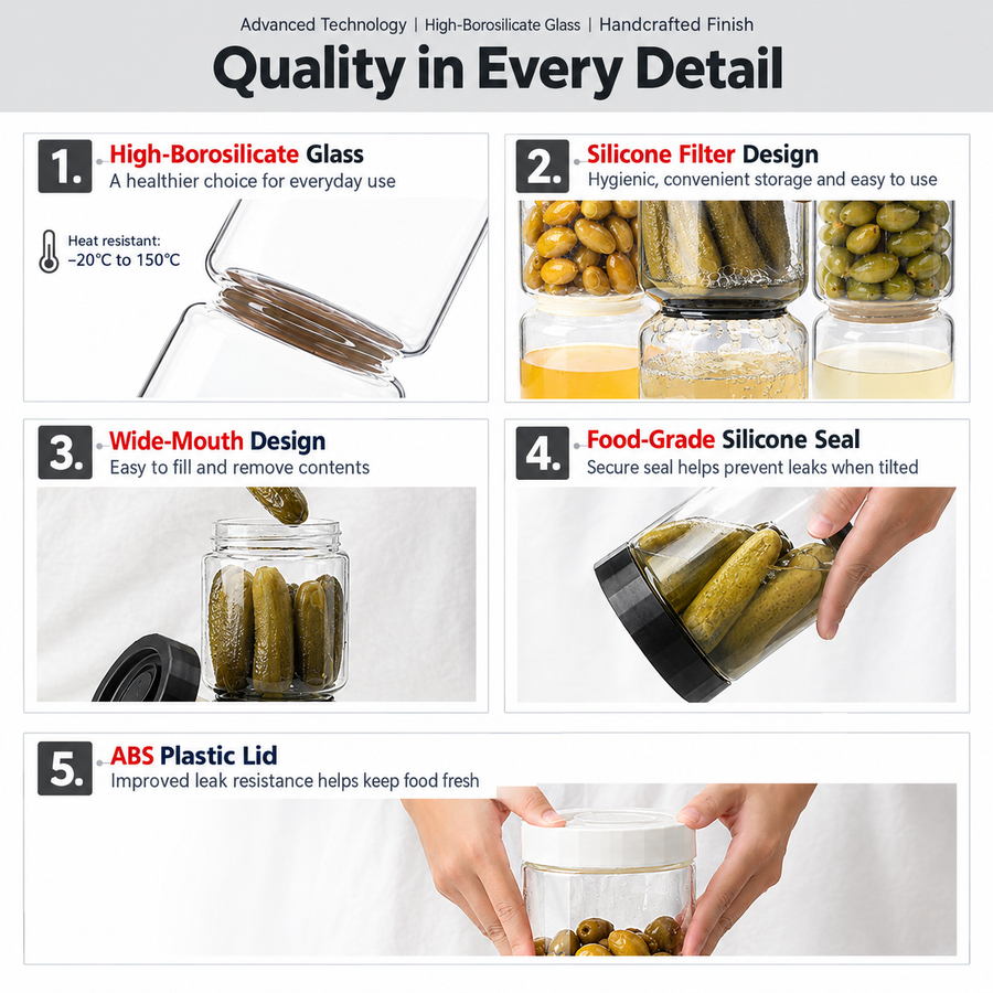 Borosilicate Glass Pickle Jar with Strainer and Leak-Proof Lid, Hourglass Fermentation Container for Home Kitchen Storage of Pickled Cucumbers and Olives (Khaki, 9.5*24cm（1340ml）)