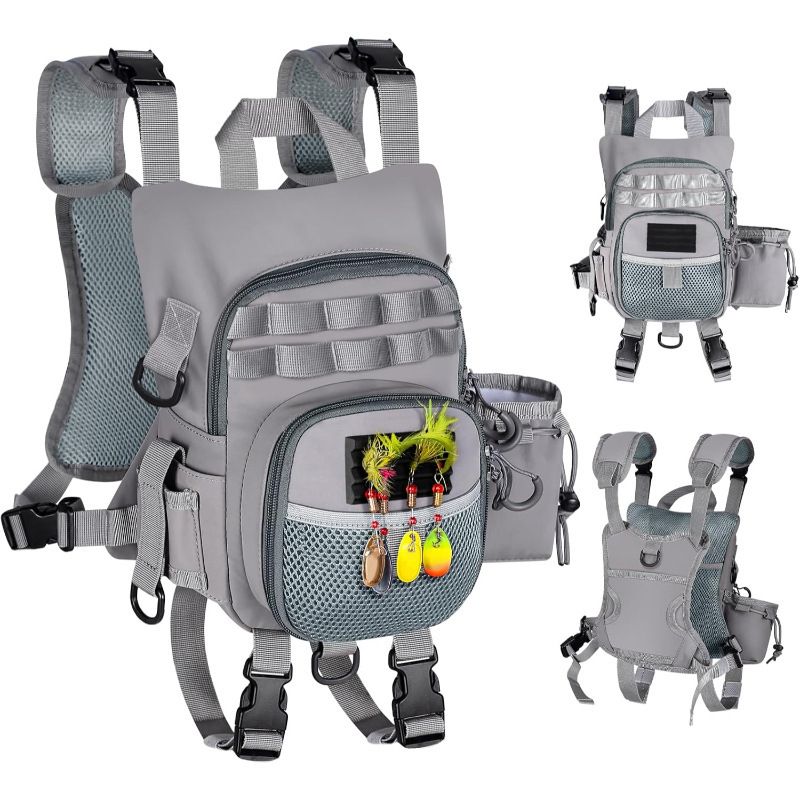 Lightweight Waterproof Fly Fishing Chest Pack with Multi-Pocket Storage and Quick-Access Design for Outdoor Stream Trout Angling and Wade Fishing Adventures (Grey)