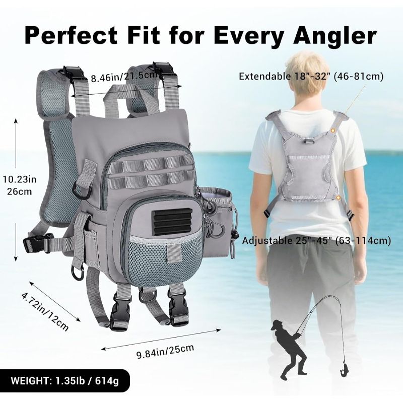 Lightweight Waterproof Fly Fishing Chest Pack with Multi-Pocket Storage and Quick-Access Design for Outdoor Stream Trout Angling and Wade Fishing Adventures (Grey)