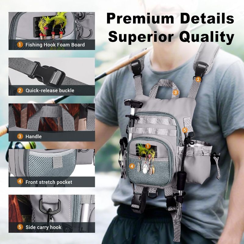 Lightweight Waterproof Fly Fishing Chest Pack with Multi-Pocket Storage and Quick-Access Design for Outdoor Stream Trout Angling and Wade Fishing Adventures (Grey)