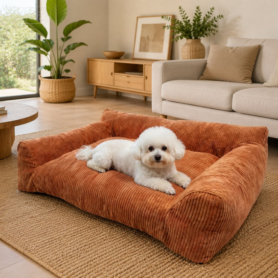 Soft Corduroy Pet Sofa Bed with Bolster Support for Cats and Small to Medium Dogs, Machine Washable Cover for Indoor Home Use (Orange)
