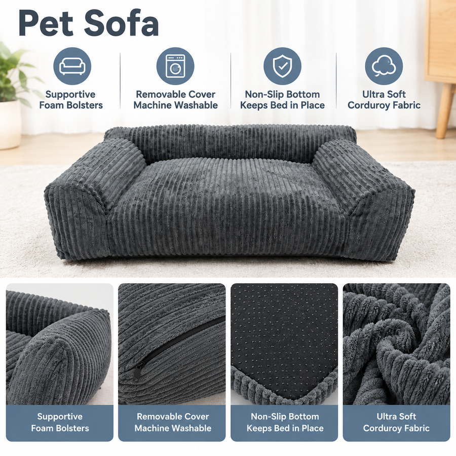 Soft Corduroy Pet Sofa Bed with Bolster Support for Cats and Small to Medium Dogs, Machine Washable Cover for Indoor Home Use (Orange)