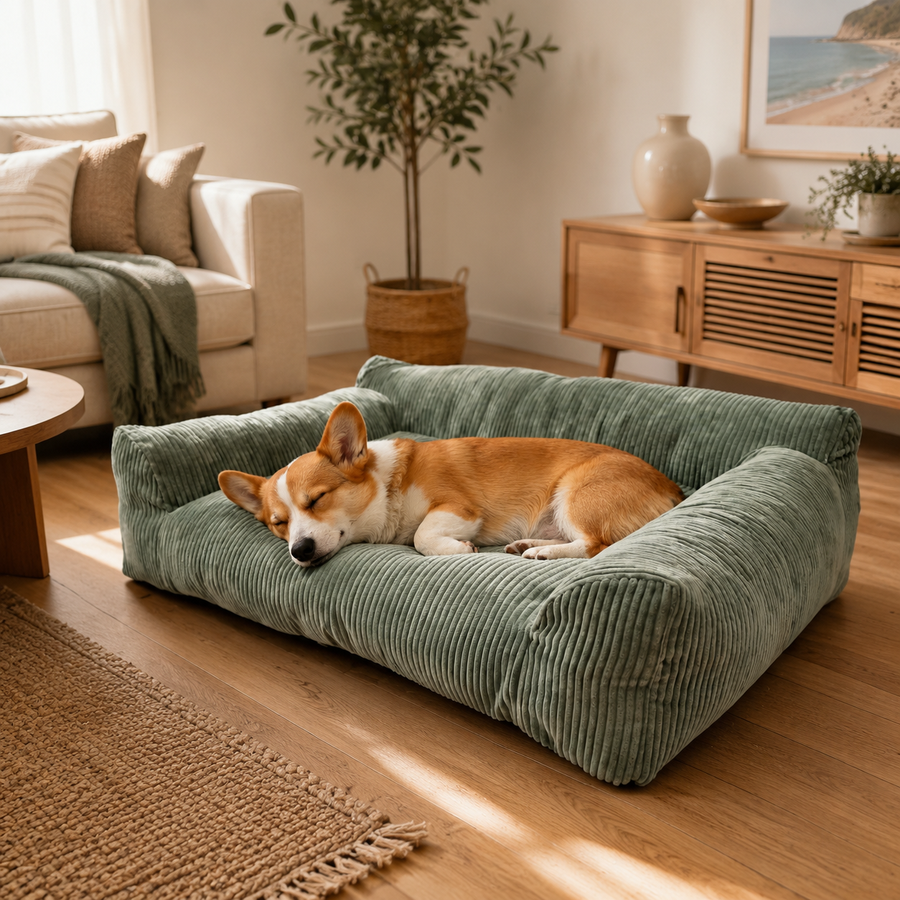 Soft Corduroy Pet Sofa Bed with Bolster Support for Cats and Small to Medium Dogs, Machine Washable Cover for Indoor Home Use (Orange)