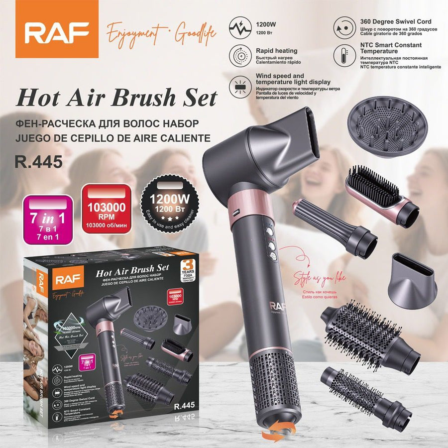 7-in-1 Hot Air Styling Brush Set with Interchangeable Attachments for Home and Salon Use – Dry, Straighten, Curl, and Add Volume with Professional-Grade Power and Precision (RoseGold)