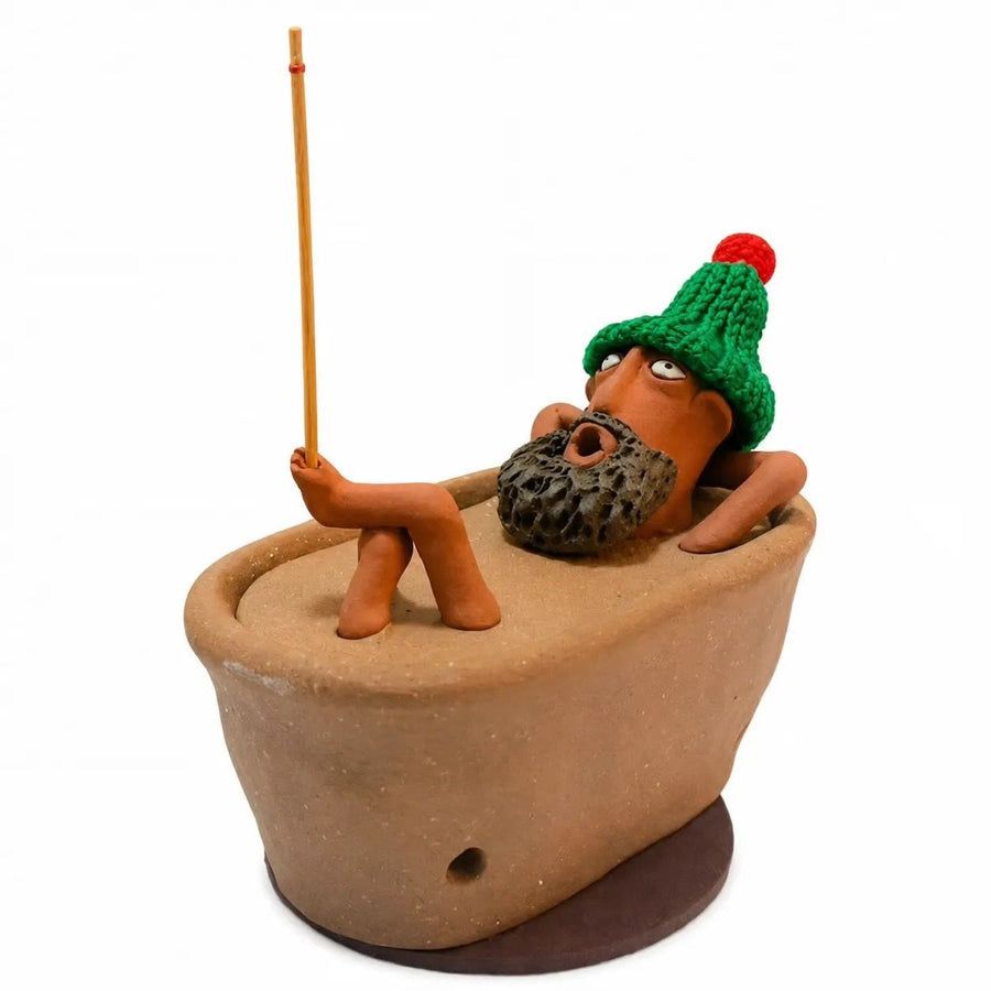 Lazy Bath Man Incense Burner – Handcrafted Ceramic Fun Aromatherapy Holder with Knitted Hat, a Whimsical Desktop Decor Piece for Relaxing Home, Tea Room, or Office Ambiance (Brown)